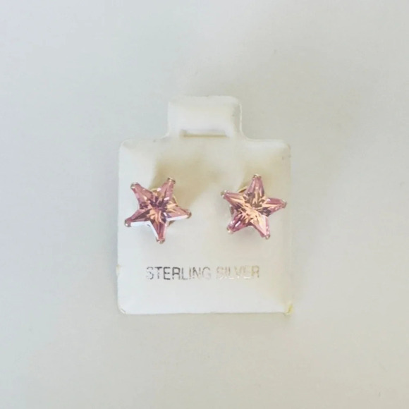 New Pink Star CZ Sterling Silver Earrings - Picture 1 of 5